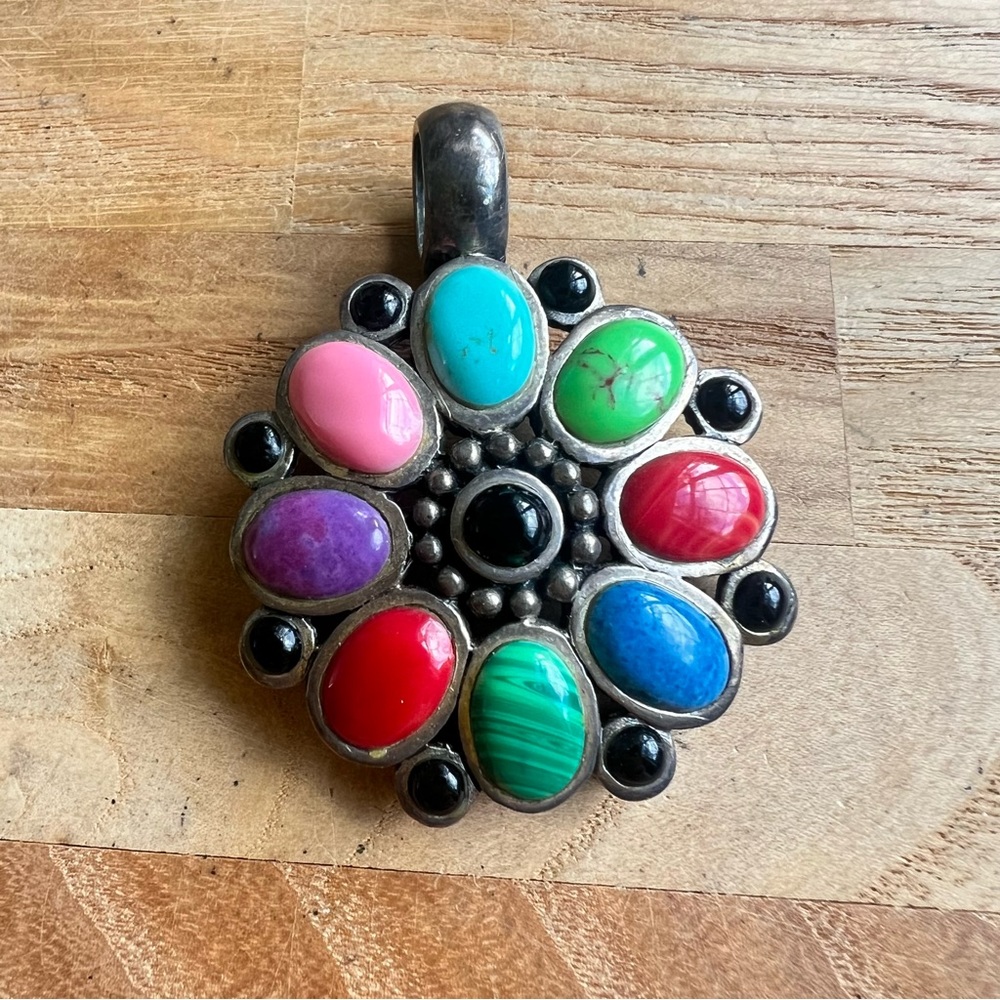 Vintage style 925 Sterling silver multi gemstone floral pendant